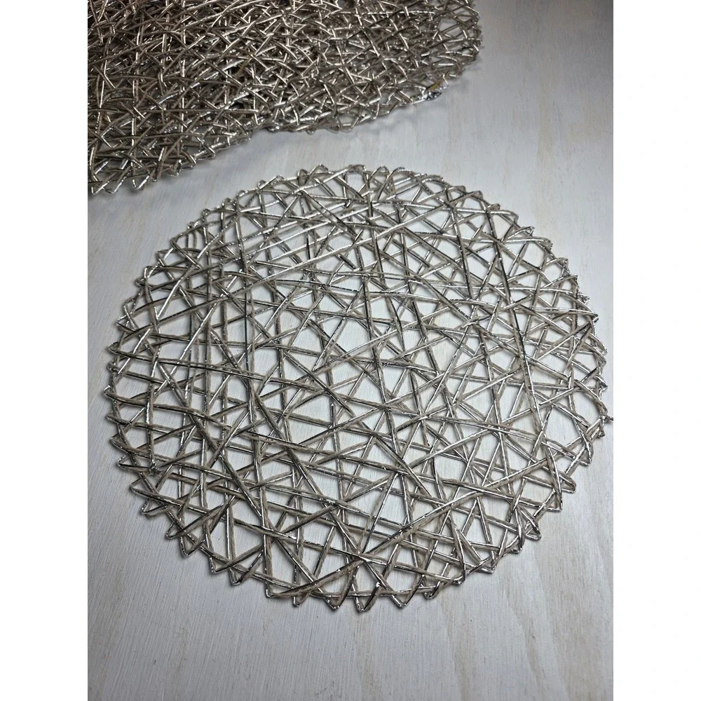 Silver Woven Round Placemats Set Metallic Bird Nest Boho Minimalist Decor 15